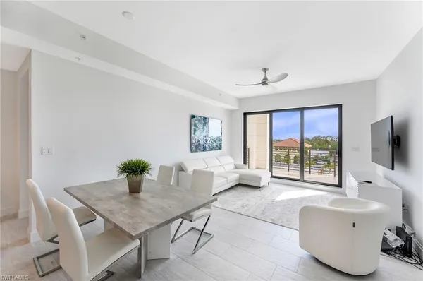 a view of a room with a large window