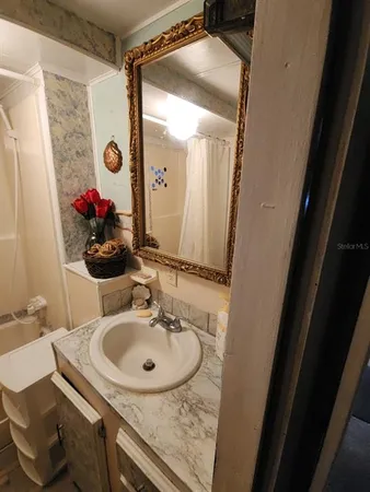 a bathroom with a sink and a mirror
