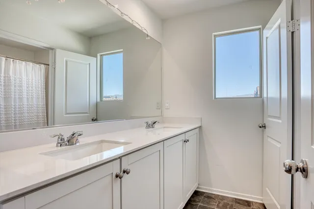 a bathroom with a sink double vanity and a mirror