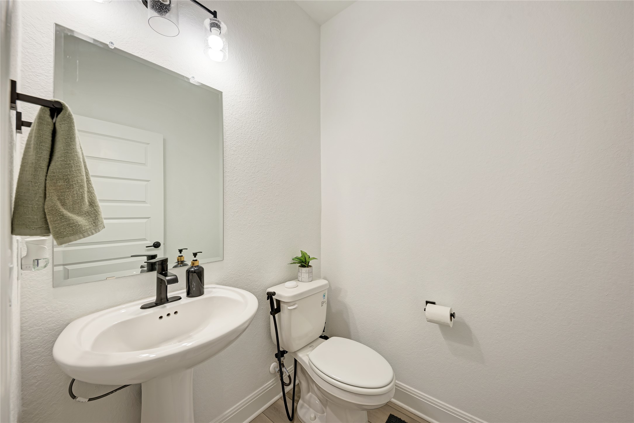 316 Regatta Trail Leander, TX 78641 - Photo 22 of 39 Pedestal sink with matte black faucet, rectangular mirror, and vanity light fixture
