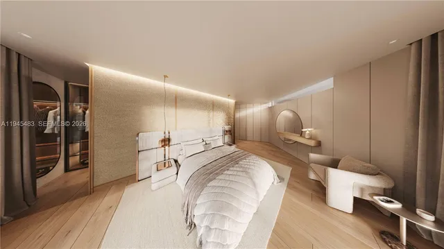 a bed room with a bed and a lamp