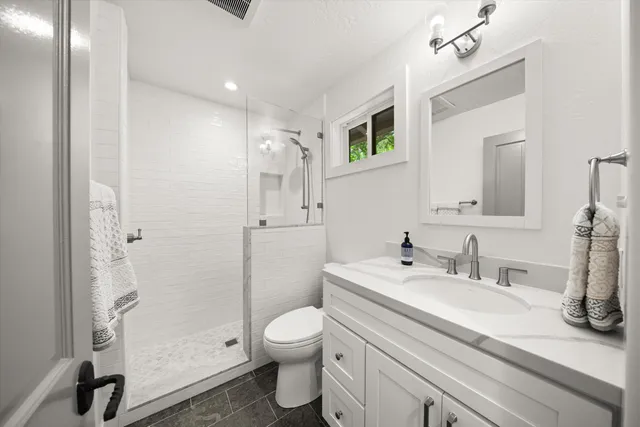 a bathroom with a sink a toilet and shower