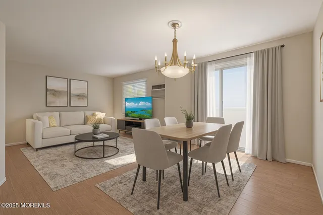 a view of a dining room with furniture