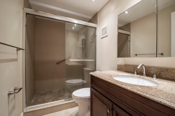 a bathroom with a granite countertop sink toilet and shower