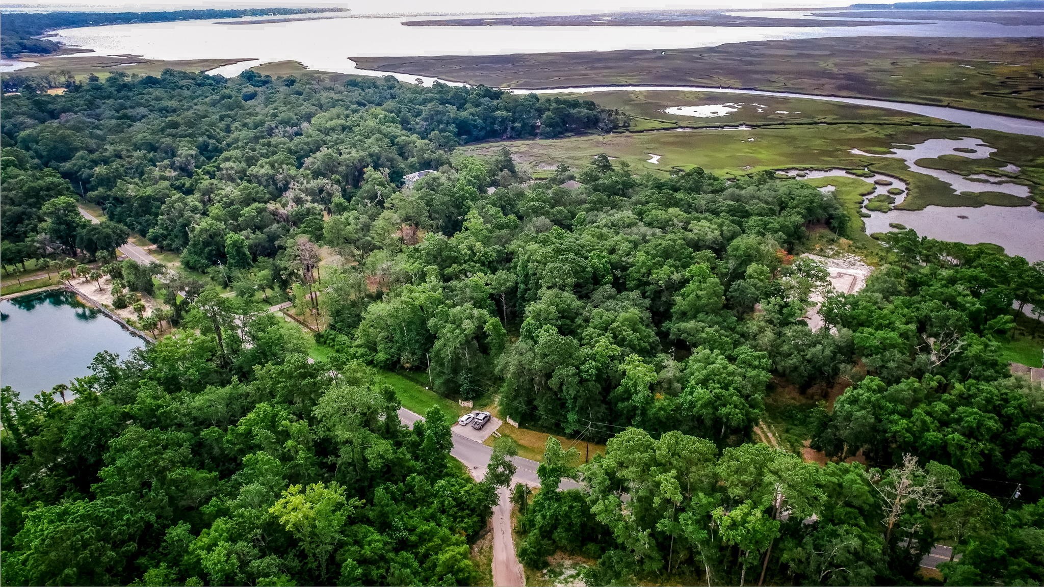 940192 Old Nassauville Road Fernandina Beach, FL 32034 - Photo 2 of 11 an aerial view of green landscape with trees houses and mountain view