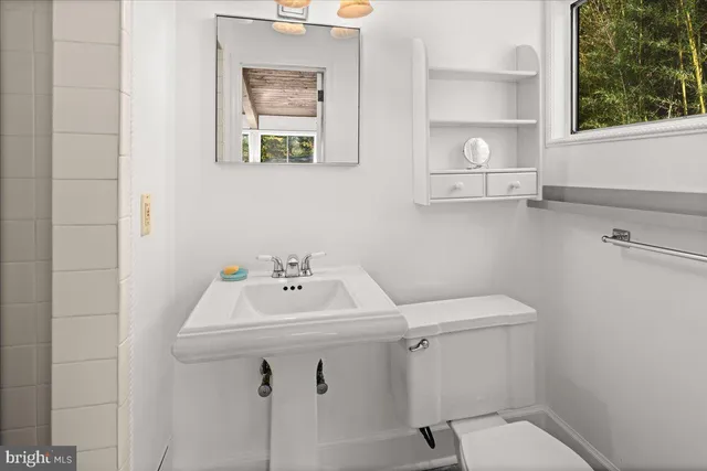 a bathroom with a sink mirror and toilet