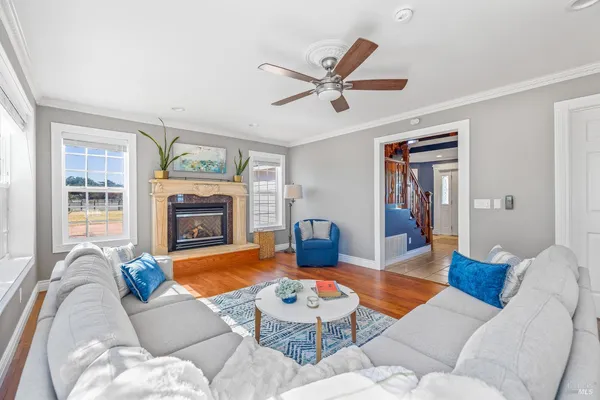 a living room with furniture and a fireplace