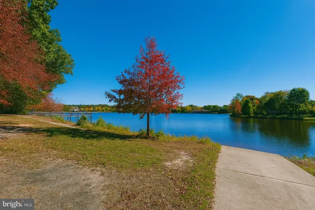 a view of a lake with houses in the back