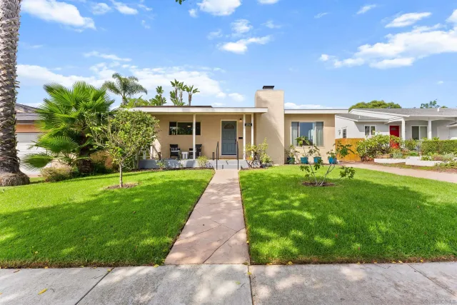 a outdoor view with a bench and potted plants