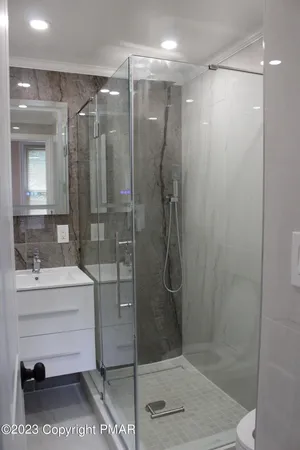 a bathroom with a shower a sink and mirror