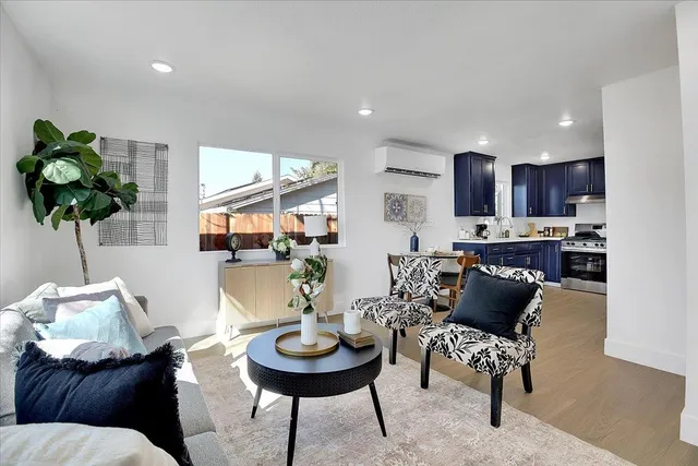 a living room with furniture and a potted plant
