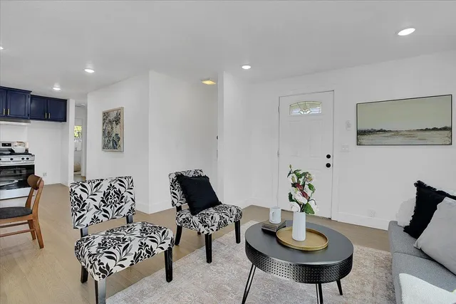 a living room with furniture and a potted plant