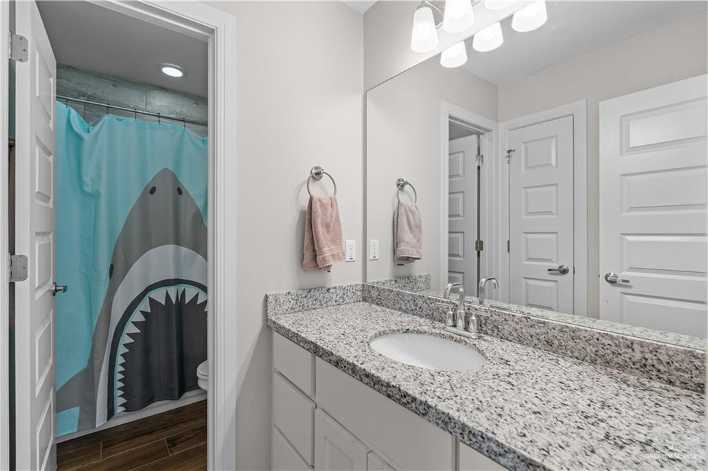 5508 River Road McAllen, TX 78504 - Photo 14 of 21 Bathroom with curtained shower, vanity, and dark wood-style flooring