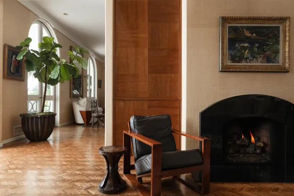 a living room with furniture and a potted plant
