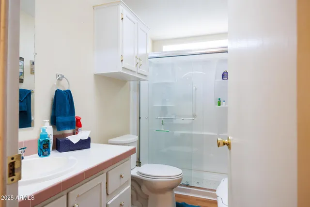 a bathroom with a sink toilet and shower