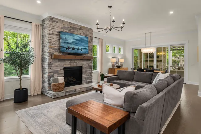 a living room with furniture a chandelier a fireplace and a potted plant