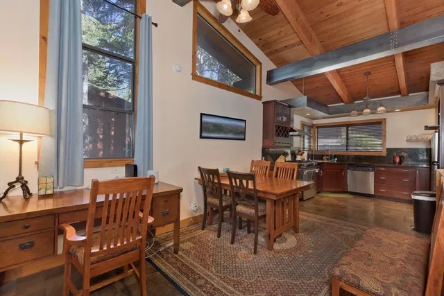 a view of a dining room with furniture