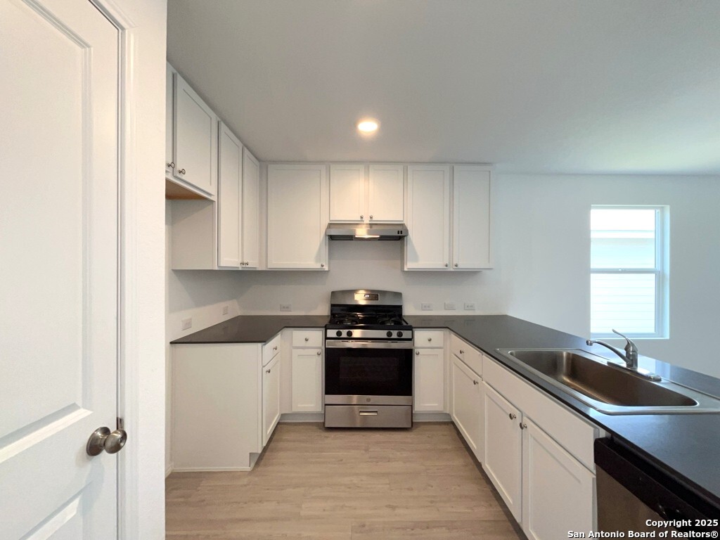 6954 Biotite Ridge Elmendorf, TX 78112 - Photo 10 of 39 a kitchen with a sink stove top oven and cabinets