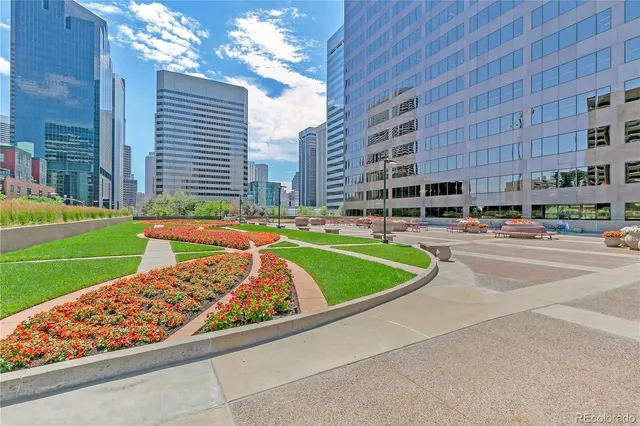 a city view with tall buildings
