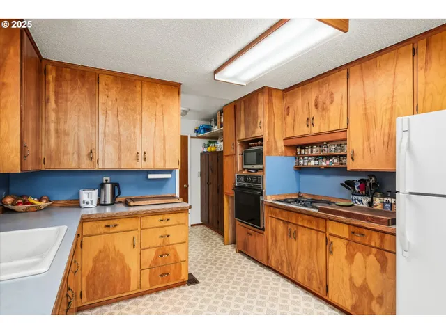 a kitchen with a refrigerator a stove top oven a sink dishwasher and wooden cabinets