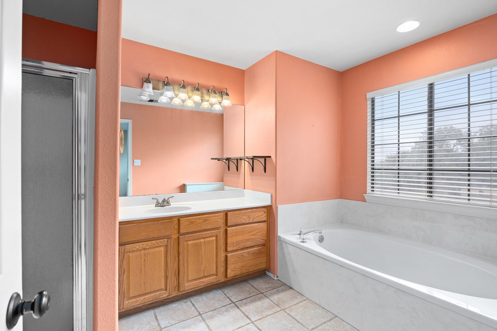 160 Rhum Road Kerrville, TX 78028 - Photo 16 of 42 a bathroom with a bathtub sink and mirror