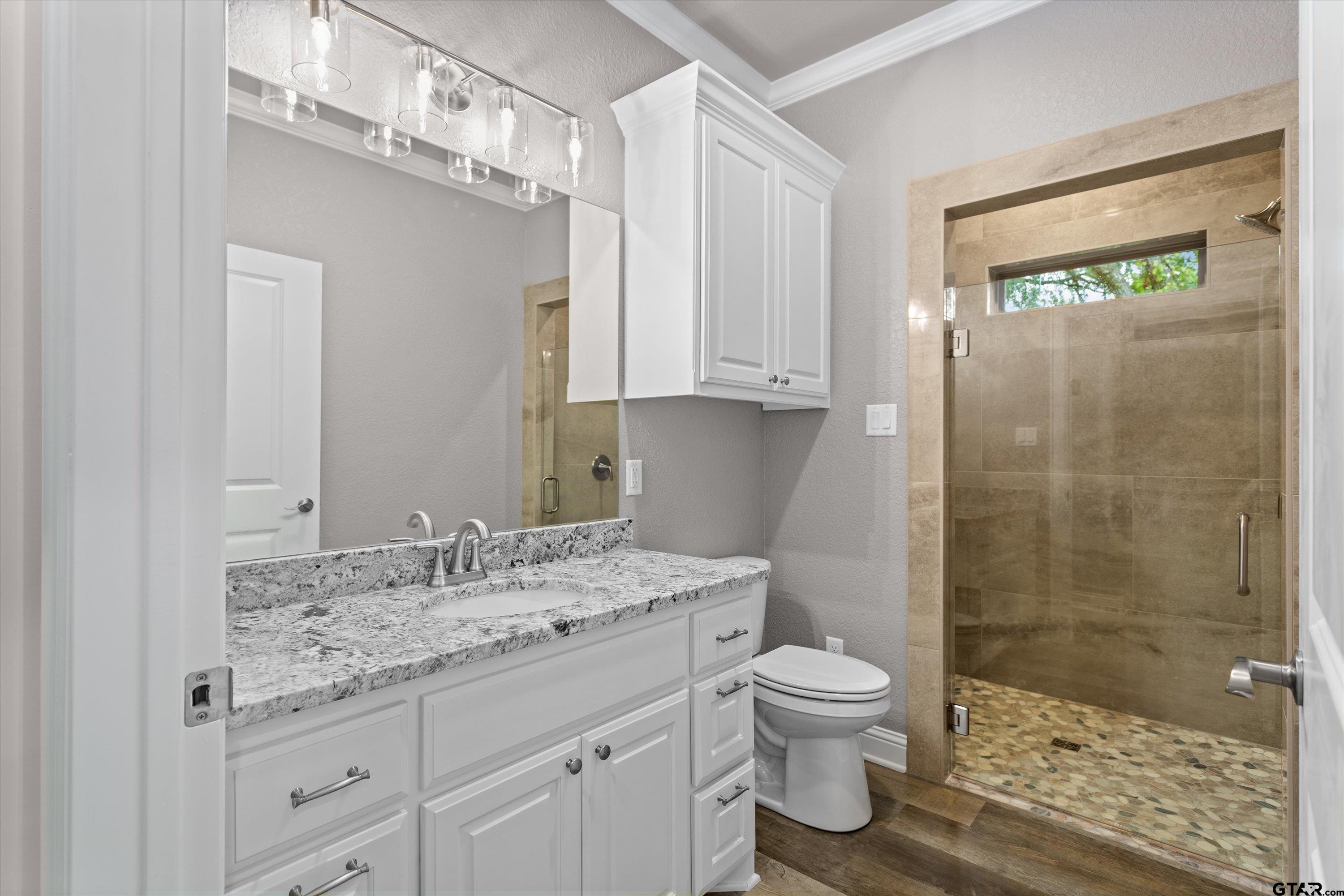 8527 Freestone Drive Bullard, TX 75757 - Photo 18 of 21 a bathroom with a granite countertop sink a toilet and shower