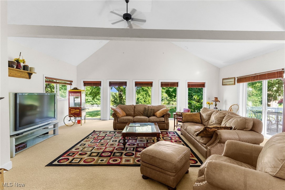 1963 Warner Road Southeast Hubbard, OH 44425 - Photo 4 of 46 Living room with light carpet, high vaulted ceiling, beam ceiling, and ceiling fan