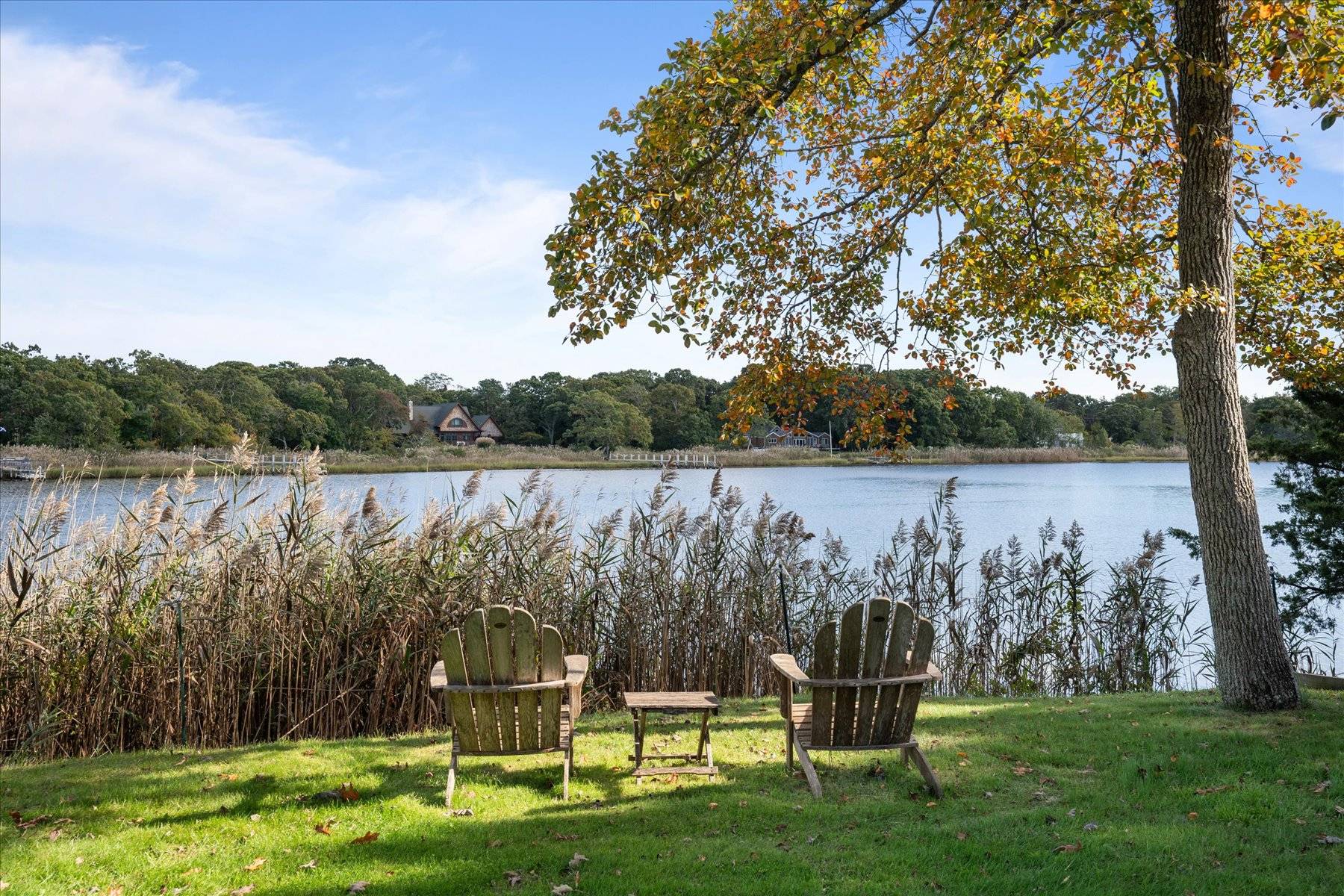 a front view of a lake with houses in the back