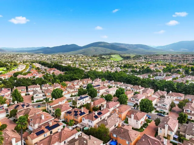 an aerial view of residential houses with outdoor space