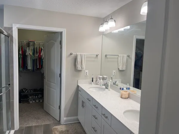 a bathroom with a sink vanity and a mirror