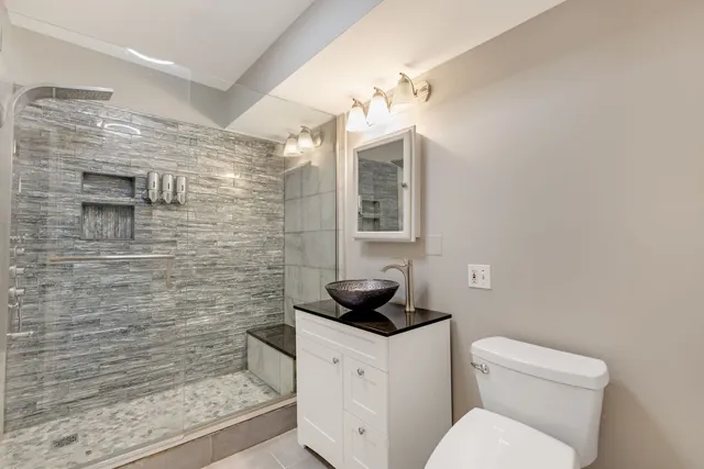 a bathroom with a granite countertop sink a toilet and mirror
