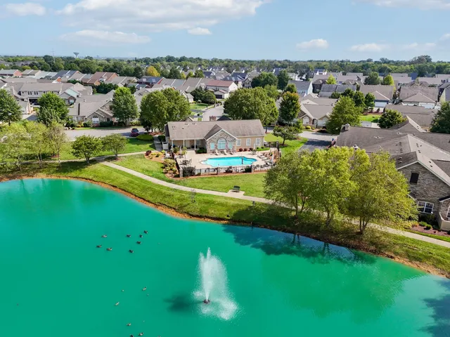 an aerial view of a house with a garden