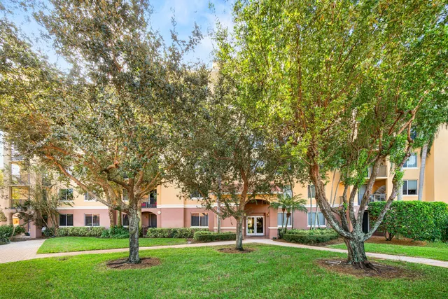 a garden with trees in front of it