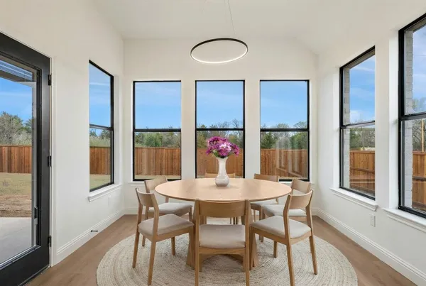 a view of a dining room with furniture window and wooden floor