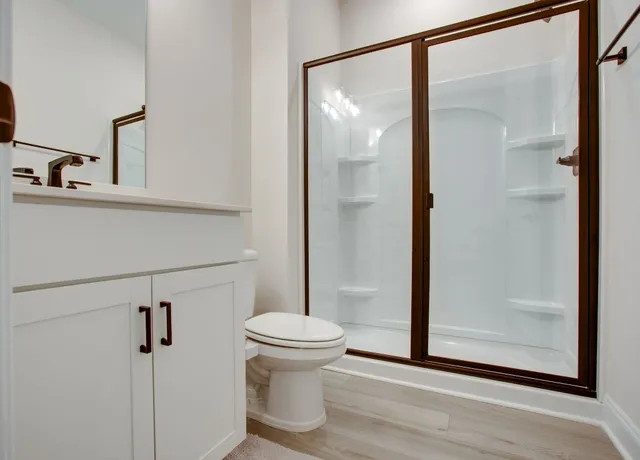 a bathroom with a shower and a toilet