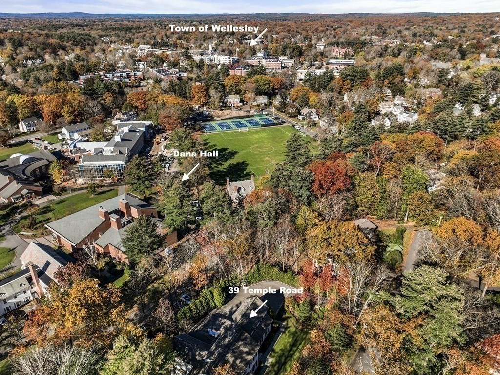 39 Temple Road Wellesley, MA 02482 - Photo 32 of 35 an aerial view of residential house with parking and trees