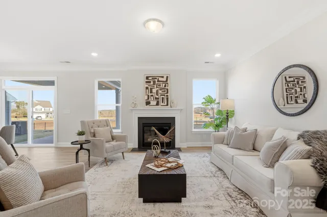 a living room with furniture a rug and a fireplace