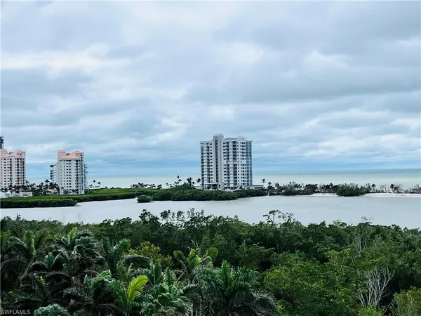 a view of a city with lake and tall building in the back