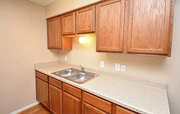 a kitchen with a sink cabinets and a window