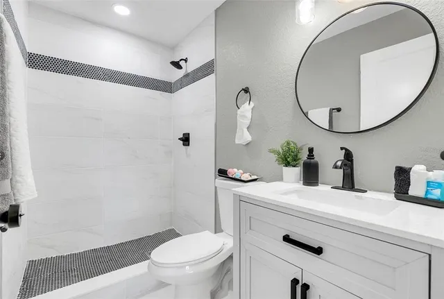 a bathroom with a sink a toilet and a mirror