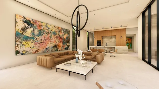 a living room with furniture a rug and a painting on the wall