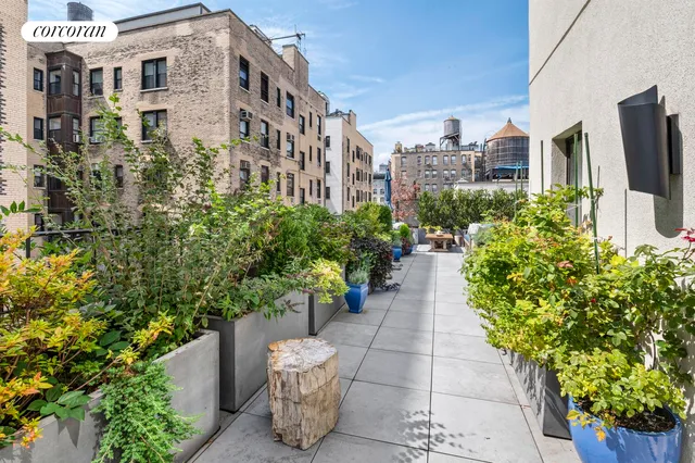 a view of a building with potted plants