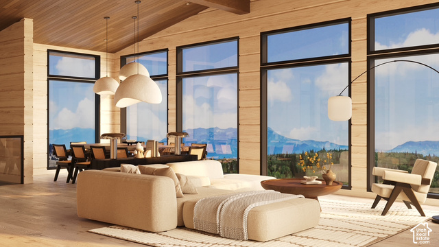 8456 Copper Crest Road, Unit 148 Eden, UT 84310 - Photo 5 of 34 Renderings of Vaulted wood-paneled ceilings, expansive floor-to-ceiling windows, light wood-finish flooring, and built-in lighting fixtures