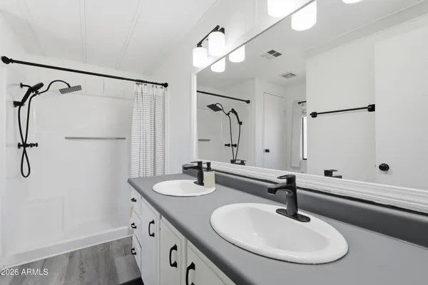a bathroom with a sink and a mirror