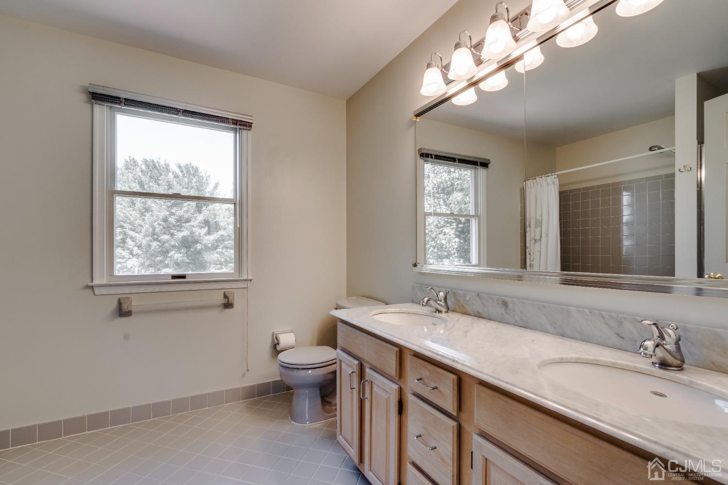 9 Dickinson Road Kendall Park, NJ 08824 - Photo 21 of 34 a bathroom with a granite countertop sink a toilet and a mirror