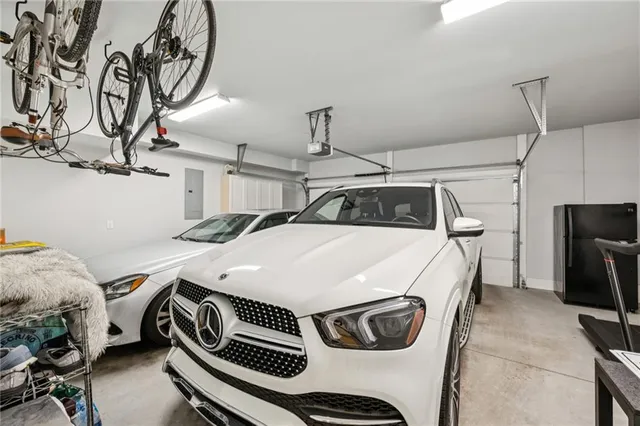 a front view of a building with sitting area