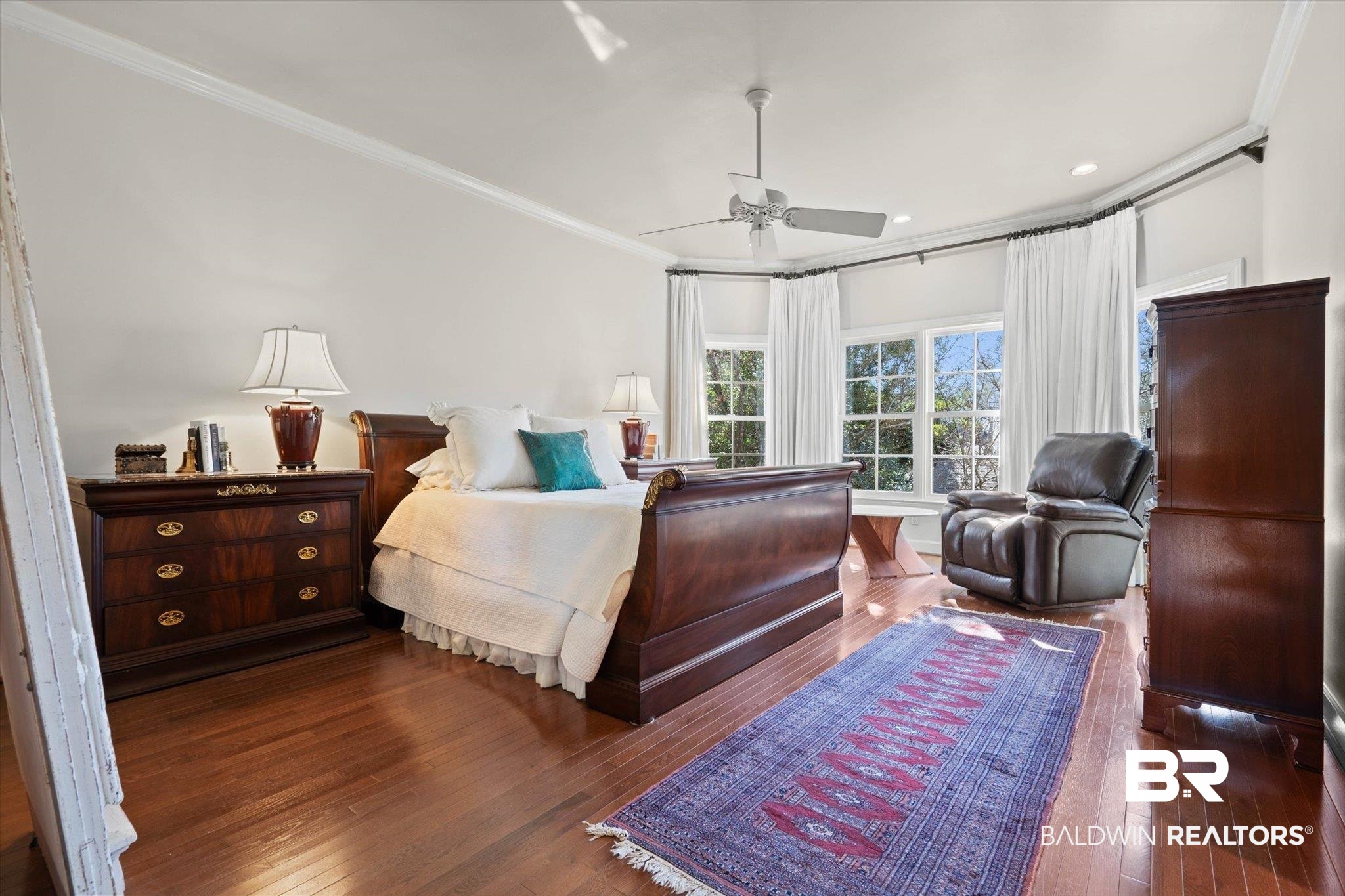 3615 Stein Street Mobile, AL 36608 - Photo 20 of 44 Bedroom with ornamental molding, hardwood / wood-style flooring, a ceiling fan, and recessed lighting