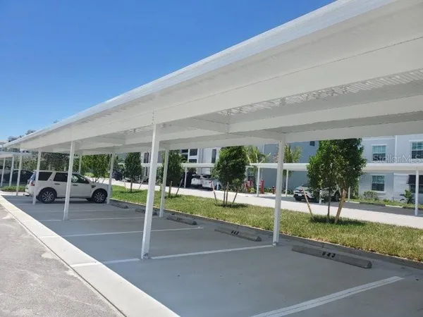 a view of a patio with table and chairs potted plants and palm trees