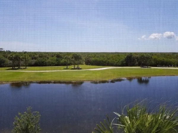 a view of a lake with a city view