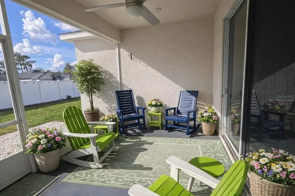 a front view of a house with patio